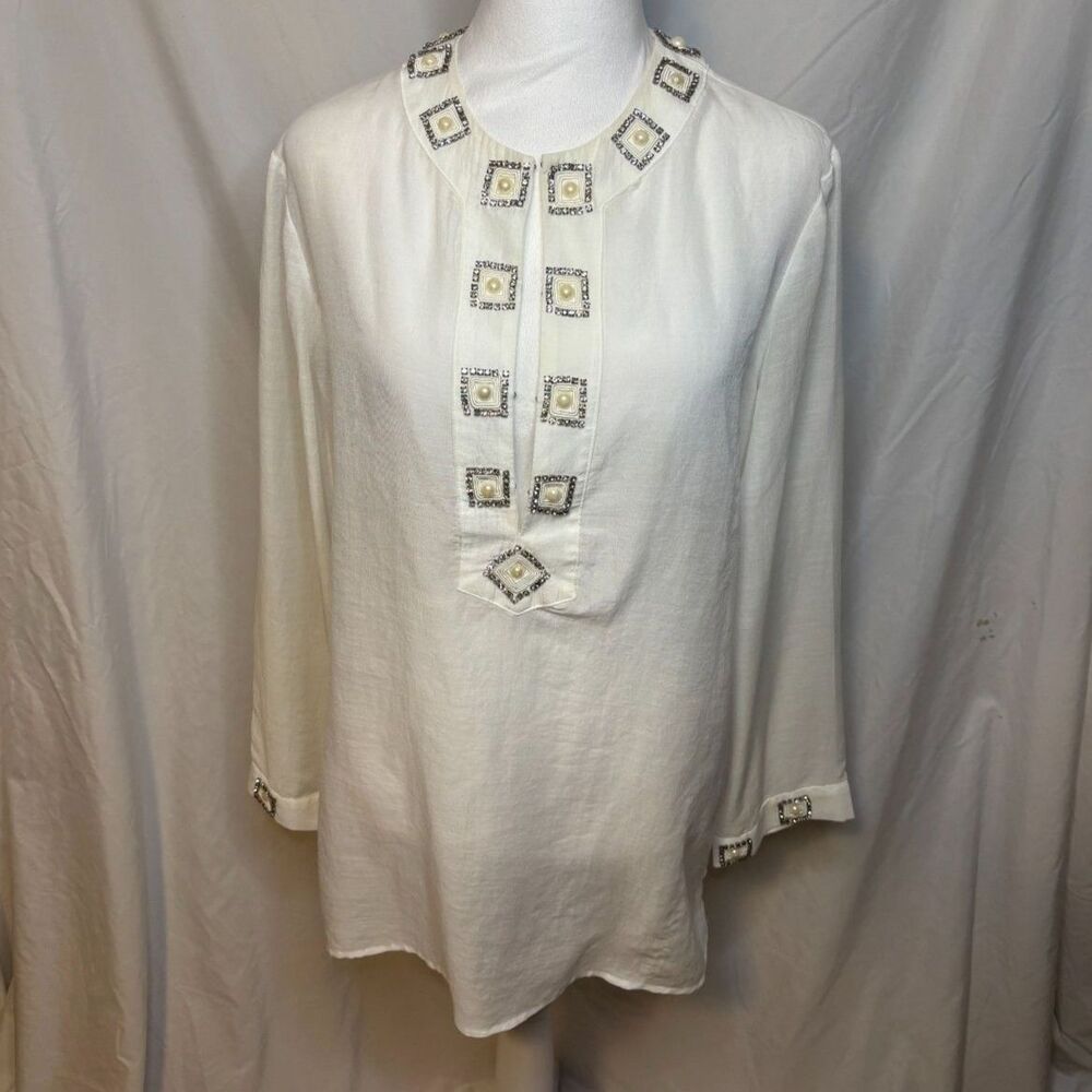 Chico's White Sheer Semi-Long Sleeve Rhinestone Tunic Top Womens Shirt